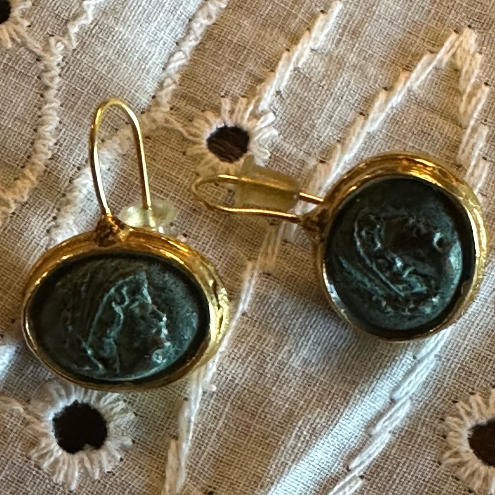 Vintage Signed LM Gold Plated Verdigris Coin French Wire Earrings
